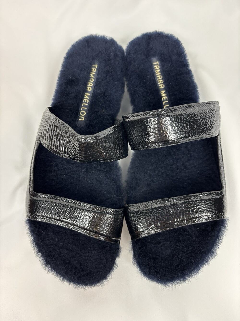 Tamara Mellon Roam Sandals Black Patent Leather Faux Fur Lined Size 38 Lug Sole